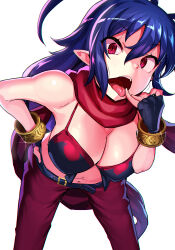 1girl absurdres antenna_hair belt bikini bikini_top_only blue_hair bracelet breasts cleavage disgaea disgaea_d2 genderswap genderswap_(mtf) hair_between_eyes highres inago jewelry laharl-chan long_hair looking_at_viewer navel open_mouth pointy_ears red_eyes scarf simple_background solo swimsuit tongue tongue_out very_long_hair white_background