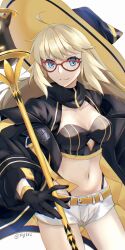 1girl aesc_(exhibition_attire)_(fate) aesc_(fate) aesc_(rain_witch)_(fate) ahoge black_gloves black_jacket blonde_hair blue_eyes breasts fate/grand_order fate_(series) gloves hat highleg highleg_panties highres holding holding_staff jacket long_hair looking_at_viewer navel panties red-framed_eyewear short_shorts shorts smile solo staff underwear white_background white_shorts witch_hat ymgyk2