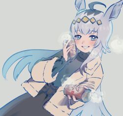 1girl ahoge alternate_costume animal_ears black_skirt blush breath bright_pupils brown_coat can canned_coffee casual coat contrapposto drink_can ear_ornament grey_background grey_eyes grey_hair hair_ornament head_tilt highres horse_ears long_hair long_sleeves looking_at_viewer nara_123 oguri_cap_(umamusume) open_clothes open_coat open_mouth outstretched_arm shirt_tucked_in skirt smile solo steam umamusume white_pupils