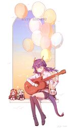Rule 34 | 1girl, acoustic guitar, arknights, balloon, bilibili logo, bilibili username, black boots, black shorts, blue hair, boots, ch&#039;en (arknights), character doll, character request, chinese commentary, closed eyes, cloud, collared shirt, commentary, doll, dragon girl, dragon horns, dragon tail, guitar, happy birthday, highres, horns, hoshiguma (arknights), instrument, knees together feet apart, light blush, music, necktie, outline, playing guitar, playing instrument, see-through balloon, shirt, shorts, signature, simple bird, sitting, sky, solo, sunset, swire (arknights), tail, thigh boots, vleaf, white outline, white shirt, windowsill, yellow necktie