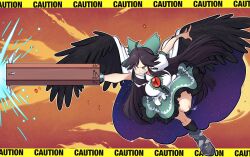 1girl absurdres arm_cannon black_hair black_socks black_wings bow breasts brown_eyes cape commentary english_commentary feathered_wings frilled_skirt frills full_body green_bow green_skirt grin hair_bow highres kneehighs large_breasts leg_up long_hair missandydandy puffy_short_sleeves puffy_sleeves reiuji_utsuho shirt short_sleeves skirt smile socks solo touhou two-sided_cape two-sided_fabric uneven_eyes very_long_hair weapon white_shirt wings