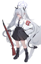 1girl absurdres astnya black_boots black_gloves black_vest blue_archive blue_halo boots dark_skin full_body gloves grey_hair gun hair_over_one_eye halo highres holding holding_gun holding_weapon iori_(blue_archive) long_hair one_eye_covered pointy_ears red_eyes rifle shirt simple_background solo standing very_long_hair vest weapon white_background white_shirt