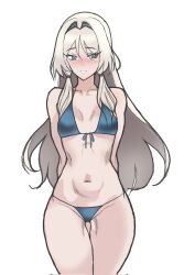 Rule 34 | 1girl, alternate costume, an-94 (girls&#039; frontline), arms behind back, bikini, blonde hair, blue bikini, blue eyes, blush, breasts, commentary, corrupted twitter file, cowboy shot, girls&#039; frontline, highres, long hair, parted lips, sidelocks, simple background, small breasts, smile, solo, string bikini, swimsuit, wessidesuyo, white background, white mouth