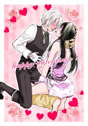 Rule 34 | 1boy, 1girl, allen walker, asukawvm, bare arms, bare shoulders, barefoot, belt, black boots, black hair, black pants, black vest, blush, boots, closed eyes, couple, d.gray-man, dress, dress shirt, facial mark, fingerless gloves, food, fur-trimmed dress, fur-trimmed gloves, fur trim, gloves, green ribbon, grey eyes, hair between eyes, hair over shoulder, hair ribbon, happy valentine, heart, highres, kneeling, leg warmers, lenalee lee, long hair, looking at another, open mouth, pants, pink background, pink dress, pink gloves, pocky, pocky kiss, ribbon, scar, scar on face, shared food, shirt, short dress, short hair, sidelocks, single glove, striped background, sweat, sweatdrop, thighs, twintails, vest, white fur, white gloves, white hair, white shirt, yellow leg warmers, yellow ribbon