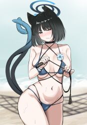 Rule 34 | 1girl, absurdres, animal ears, bare arms, bare shoulders, beach, bikini, black choker, black eyes, black hair, black halo, blue archive, blue bikini, blue flower, blue halo, blue nails, blue ribbon, blurry, blurry background, blush, breasts, breasts apart, bright pupils, cat ears, cat girl, cat tail, choker, closed mouth, collarbone, commentary, cowboy shot, criss-cross halter, day, fingernails, flower, gradient halo, gradient tail, hair in own mouth, halo, halterneck, hands up, hci+, highres, holding, holding whip, kikyou (blue archive), kikyou (swimsuit) (blue archive), large breasts, looking at viewer, multi-strapped bikini bottom, multi-strapped bikini top, multicolored halo, multiple tails, nail polish, navel, nose blush, official alternate costume, outdoors, ribbon, shadow, short hair, skindentation, solo, standing, stomach, swimsuit, tail, tail raised, two-tone halo, two-tone tail, v-shaped eyebrows, water, wet, white pupils, wrist ribbon
