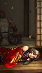 Rule 34 | brown hair, cape, closed eyes, falling leaves, husband and wife, japanese clothes, kimono, leaf, leaves, lips, lipstick, makeup, mitsuya, porch, sengoku musou, sleeping, tachibana ginchiyo, tachibana muneshige