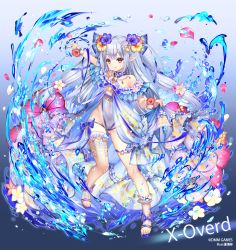 1girl arm_up bow copyright_name elf female_focus flower full_body gradient_background groin hair_flower hair_ornament long_hair looking_at_viewer low-tied_long_hair pink_bow pointy_ears red_eyes scrunchie silver_hair single_thighhigh solo strelitzia_(x-overd) swimsuit thighhighs twintails water watermark wrist_scrunchie x-overd yuasa_akira