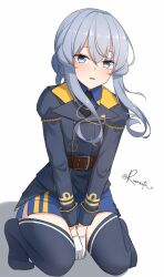 1girl aticsanir between_legs blue_eyes blue_hair blue_jacket blue_skirt blue_thighhighs blush breasts gloves gotland_(kancolle) grey_background hair_between_eyes hair_bun hand_between_legs highres jacket kantai_collection kneeling long_hair long_sleeves looking_at_viewer military_uniform mole mole_under_eye open_mouth single_hair_bun skirt smile solo thighhighs twitter_username white_gloves