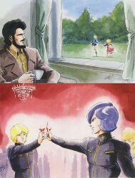 1985 3boys age_difference aged_down artesia_som_deikun backyard beard black_hair blonde_hair candelabra candlestand casval_rem_deikun char_aznable child cup dated dress facial_hair family forest garma_zabi grass gundam kitazume_hiroyuki manly military_uniform mobile_suit_gundam multiple_boys nature party playing purple_hair running shorts siblings signature sitting tree window zeon zeon_zum_deikun