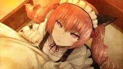 1boy 1girl akiha_rumiho animal_ears apron black_skirt buttons cat_ears clenched_teeth coat collar dress drill_hair fake_animal_ears frilled_collar frilled_dress frilled_hairband frilled_skirt frills from_above game_cg hair_between_eyes hairband hand_on_another&#039;s_chest highres huke lab_coat leaning_on_person long_hair long_skirt looking_at_viewer looking_up maid maid_apron maid_headdress mayqueen_maid_uniform non-web_source official_art okabe_rintarou outdoors parted_lips pink_eyes pink_hair pink_lips pov puffy_short_sleeves puffy_sleeves red_ribbon ribbon ribbon-trimmed_collar ribbon-trimmed_hairband ribbon-trimmed_sleeves ribbon_trim ringed_eyes shiny_lips shirt short_sleeves skirt square_pupils steins;gate sunset t-shirt teeth tsurime twin_drills twintails white_apron white_coat white_dress wrist_cuffs