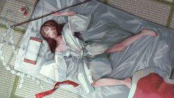 1girl absurdres alternate_costume barefoot blanket brown_hair closed_eyes commentary_request dedemaru full_body futon gohei hakurei_reimu highres holding holding_gohei japanese_clothes kimono long_hair long_sleeves lying messy_sleeper on_back open_mouth pillow single_bare_shoulder sleeping sleepwear solo sweat tatami toes touhou untied_ribbon white_kimono wide_sleeves