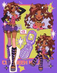 1girl aegyo_sal animal_ears animal_print black_boots black_jacket boots brown_hair cellphone clawdeen_wolf commentary crossed_legs dark-skinned_female dark_skin eyeshadow fashion flip_phone fur-trimmed_jacket fur_trim gem gyaru highres jacket jewelry long_hair makeup mitsutadaki monster_high monster_high_(g1) multiple_views necklace open-toe_boots open_clothes open_jacket phone pink_tube_top print_tube_top purple_eyeshadow purple_skirt rokku_gyaru skirt strapless tube_top very_long_hair werewolf wolf_ears wolf_girl yellow_eyes zebra_print