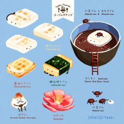 artist_name blue_background bowl bug english_text flower food food_focus issiki_toaki ladder mochi no_humans original pink_flower simple_background