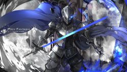 armor blue_cape cape copyright_name cowboy_shot flaming_eye full_armor gauntlets helmet highres holding holding_sword holding_weapon image_sample pixiv_fantasia pixiv_fantasia_fallen_kings pixiv_sample saberiii solo standing sword weapon