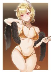 1girl alternate_costume bikini blonde_hair border breasts brown_background citrinne_(fire_emblem) collarbone commentary cowboy_shot earrings fire_emblem fire_emblem_engage gold_bikini golden_week golden_week_bikini highres jewelry medium_breasts navel nintendo pendant purple_eyes revolverwing short_hair sideboob simple_background skindentation solo stomach swimsuit thighs underboob white_border wide_hips