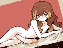 1boy akableak brown_eyes brown_hair closed_mouth collarbone completely_nude erection flat_chest freckles large_penis long_hair looking_at_viewer lying nude original penis precum red_background solo testicles trap uncensored