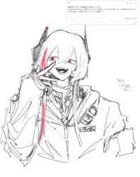 1girl double-parted_bangs girls&#039;_frontline hair_between_eyes hand_up headgear highres hood hooded_jacket jacket long_sleeves m4_sopmod_ii_(girls&#039;_frontline) multicolored_hair natri999 open_mouth red_eyes red_hair sleeves_past_wrists smile solo spot_color streaked_hair w