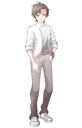 1boy arm_at_side blazer brown_eyes brown_hair cevio checkered_bracelet collared_shirt commentary_request converse dairi full_body grey_pants grey_shoes hand_on_own_hip highres jacket large_variant_set looking_at_viewer male_focus open_mouth pants shirt shoes short_hair sleeves_rolled_up smile sneakers solo standing tachi-e takahashi_amato transparent_background v-shaped_eyebrows variant_set white_jacket white_shirt wing_collar