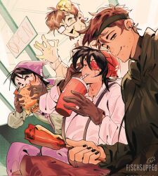 4boys adapted_costume animification beanie bishounen black_hair burger commentary corrupted_twitter_file crossover dark-skinned_male dark_skin door dream_smp english_commentary eyepatch fischsuppe food glasses hat headband highres holding holding_food hood hood_up hot_dog in-franchise_crossover male_focus mask minecraft_youtube missasinfonia monster_boy multiple_boys official_alternate_costume outdoors quackity quackity_smp red_hat roier_(youtuber) scar shop short_hair sign sitting skull skull_mask slime_(substance) slime_boy slimecicle smug suspenders watermark waving