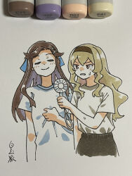 Rule 34 | &gt;:(, 2girls, absurdres, annoyed, art tools in frame, blonde hair, blue bow, blush, bow, brown eyes, brown hair, brown hairband, closed eyes, commentary request, cropped legs, dot nose, electric fan, frown, hair bow, hair ornament, hairband, hairpin, hand fan, handheld electric fan, highres, holding, holding fan, hot, long hair, long shirt, long sidelocks, marker, marker (medium), multiple girls, multiple hairpins, parted bangs, shiratama (hockey), shirt, shirt tucked in, short sleeves, shoujo kageki revue starlight, sidelocks, signature, smile, smug, sweat, traditional media, v-shaped eyebrows, wavy hair, white shirt, x hair ornament