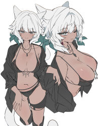 1girl absurdres animal_ears bikini black_bikini black_jacket breasts cat_ears cat_girl cat_tail chu_yeon cleavage dark-skinned_female dark_skin facial_mark final_fantasy final_fantasy_xiv grey_eyes hair_ornament highres jacket jewelry large_breasts legband looking_at_viewer miqo&#039;te neck_tattoo necklace smile swimsuit tail tattoo whisker_markings white_background white_hair y&#039;shtola_rhul