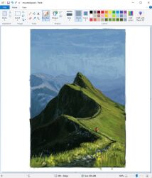 Rule 34 | 1other, art program in frame, blue sky, border, christianyounga, day, grass, jacket, landscape, microsoft paint (medium), mountainous horizon, mountaintop, orange jacket, original, outdoors, path, road, scenery, size difference, sky, switzerland, walking, white border