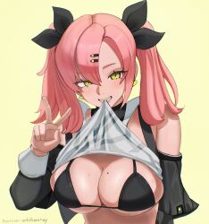 Rule 34 | 1girl, artist name, bare shoulders, bikini, black bikini, black bra, black ribbon, bra, breasts, clothes lift, commentary, earrings, english commentary, grin, hair between eyes, hair ornament, hair ribbon, highres, jewelry, lifting own clothes, long sleeves, looking at viewer, mole, mole on breast, mouth hold, nicole demara, patreon username, pink hair, ribbon, shirt, shirt lift, simple background, skindentation, smile, solo, swimsuit, teeth, teeth hold, twintails, uchihaniray, underwear, upper body, v, yellow background, yellow eyes, zenless zone zero