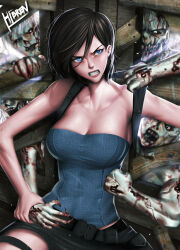 Rule 34 | 1girl, artist name, black skirt, blood, blue eyes, blue tube top, brown hair, clenched teeth, hibren, highres, jill valentine, resident evil, resident evil 3: nemesis, skirt, strapless, teeth, tube top, zombie
