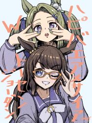 Rule 34 | 2girls, :o, ;), air messiah (umamusume), alternate hairstyle, animal ears, applying manicure, bespectacled, birthday connection, blue background, blue ribbon, bow, bowtie, brown hair, glasses, green hair, hair down, hair ornament, hair ribbon, hairclip, hairstyle switch, highres, horse ears, horse girl, horseshoe ornament, long hair, long sleeves, looking at viewer, multiple girls, one eye closed, orange-framed eyewear, purple eyes, purple shirt, ribbon, sailor collar, sailor shirt, school uniform, shirt, simple background, smile, tanasiso, tosen jordan (umamusume), tracen school uniform, umamusume, wavy hair, white bow, white bowtie