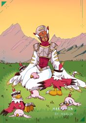 absurdres beak belt digimon digimon_(creature) grass harpymon hawkmon highres poromon pururumon sitting wings
