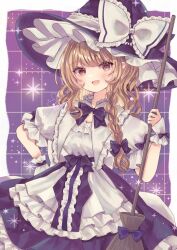 1girl :d apron asterisk_(symbol) back_bow blonde_hair blush bow bowtie braid broom collared_shirt commentary_request cowboy_shot fingerless_gloves four-pointed_star frilled_apron frilled_bow frilled_gloves frilled_hat frilled_shirt_collar frilled_skirt frilled_sleeves frills glove_bow gloves grid_background hair_bow hair_over_shoulder hand_on_own_hip hand_up hat hat_bow holding holding_broom inset_border jaku_sono kirisame_marisa long_hair looking_at_viewer marisa_day open_mouth outside_border puffy_short_sleeves puffy_sleeves purple_background purple_bow purple_hat purple_skirt shirt short_sleeves side_braid sidelocks single_braid skirt sleeve_bow smile solo star_(symbol) star_in_eye star_symbol_background swept_bangs symbol_in_eye touhou waist_apron waist_bow wavy_hair white_apron white_bow white_gloves white_shirt witch_hat yellow_eyes