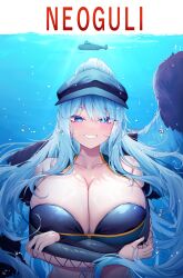 1girl absurdres arms_under_breasts black_hat black_sleeves blue_eyes blue_hair blush breasts character_request collarbone commission cross-laced_clothes cross-laced_sleeves deogho_(liujinzy9854) dungeon_and_fighter grin hat highres jaws_(movie) large_breasts long_hair shadow smile submarine underwater watercraft