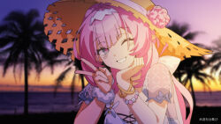 1girl ;) absurdres beach bikini blue_eyes breasts cleavage elf elysia_(honkai_impact) elysia_(miss_pink_elf)_(honkai_impact) elysia_(summer_miss_elf)_(honkai_impact) hat highres honkai_(series) honkai_impact_3rd large_breasts long_hair ocean official_alternate_costume one_eye_closed outdoors palm_tree pink_hair pointy_ears sang_sha smile solo straw_hat swimsuit tree upper_body white_bikini