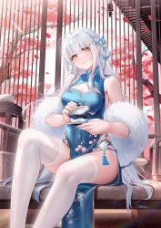 1girl ahoge artist_name bare_shoulders bell blue_dress blush braid braided_hair_rings breasts chair china_dress chinese_clothes chinese_commentary cleavage cleavage_cutout clothing_cutout commentary_request commission couch cup dress falling_leaves feather_boa floral_print floral_print_dress gold_trim hair_ornament hair_rings hairclip highres holding holding_cup holding_plate large_breasts leaf lens_flare long_hair looking_at_viewer lounge_chair on_couch open_mouth original parallel_hairclips parted_lips pelvic_curtain plate print_dress sidelocks sitting sleeveless sleeveless_dress solo stardust_(chen&#039;ai_weiding) table tassel teacup thighhighs thighs tree very_long_hair white_hair white_thighhighs yellow_eyes