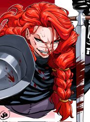 1girl armor blood blood_on_armor blood_on_face bloody_weapon braid commentary commission english_commentary green_eyes grin highres holding holding_sword holding_weapon initial jgeorgedrawz long_hair looking_at_viewer original pauldrons red_hair scar scar_on_face scar_on_nose shoulder_armor smile solo sword weapon