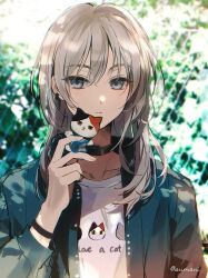 1girl black_choker blue_jacket blush bracelet choker closed_mouth commentary dappled_sunlight ear_piercing girls_band_cry grey_eyes grey_hair hair_between_eyes hashtag-only_commentary highres jacket jewelry kawaragi_momoka long_hair piercing shirt shusuzu solo stuffed_animal stuffed_cat stuffed_toy sunlight twitter_username upper_body white_shirt