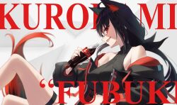 1girl ahoge animal_ear_fluff animal_ears bare_shoulders black_hair black_jacket black_tail bottle braid cola crop_top crossed_bangs dark_persona double-parted_bangs extra_ears fox_ears fox_girl fox_tail highres holding holding_bottle hololive jacket jackets kirimoya kurokami_fubuki long_hair looking_at_viewer low-tied_long_hair mindscape_cinema_(zenless_zone_zero) multicolored_tail out_of_frame pentagram plastic_bottle red_streaks red_tail side_braid sidelocks simple_background single_braid sleeveless sleeveless_turtleneck solo tail thigh_strap turtleneck virtual_youtuber white_background zenless_zone_zero
