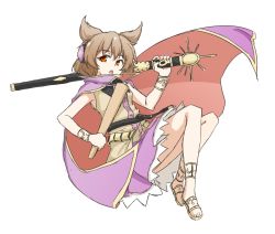1girl :o armpits belt brown_hair cape dress female_focus open_mouth orange_eyes pointy_hair ritual_baton sandals scabbard sheath simple_background solo sword tarumaru toes touhou toyosatomimi_no_miko weapon