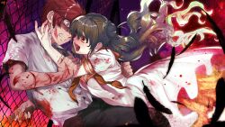 1boy 1girl aura black_feathers black_pants blood blood_on_arm blood_on_clothes blood_on_face chain-link_fence clenched_teeth crazy_smile cuts dark_aura dress eye_contact falling_feathers feathers feet_out_of_frame fence floating from_side game_cg green_hair hair_bun highres higurashi_no_naku_koro_ni higurashi_no_naku_koro_ni_mei holding holding_another&#039;s_arm holding_knife injury kimiyoshi_natsumi kitou_en knife long_hair looking_at_another non-web_source official_art open_mouth outdoors pants red_hair red_sailor_collar sailor_collar school_uniform shirt short_sleeves smile teeth toudou_akira white_dress white_shirt