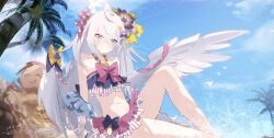 Rule 34 | 1girl, absurdres, ahoge, azusa (blue archive), azusa (swimsuit) (blue archive), bare shoulders, bead necklace, beads, bikini, black bikini, blue archive, blush, bow, closed mouth, crossed bangs, doodle sensei (blue archive), feathered wings, flower, hair between eyes, hair bow, hair flower, hair ornament, hayate (1034853996), highres, jewelry, long hair, looking at viewer, navel, necklace, official alternate costume, pink bikini, pink bow, polka dot, polka dot bow, purple eyes, purple flower, sensei (blue archive), solo, stomach, swimsuit, white hair, wings