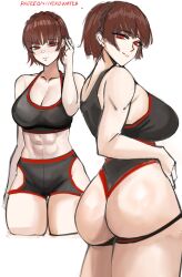 1girl absurdres ass bare_shoulders black_shorts black_sports_bra blunt_bangs braid breasts brown_hair cleavage closed_mouth clothing_cutout collarbone crown_braid highres large_breasts looking_at_viewer nero_watch niijima_makoto persona persona_5 red_eyes short_hair shorts sideboob simple_background smile solo sports_bra sportswear wedgie white_background workout_clothes