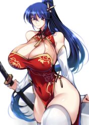 1girl blue_hair breasts china_dress chinese_clothes cleavage_cutout cleavage_window clothing_cutout dress haganef high_ponytail highleg highleg_dress highres huge_breasts katana original ponytail solo sword thighhighs weapon zettai_ryouiki