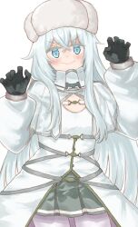 Rule 34 | 1girl, az toride, black gloves, blue eyes, cleavage cutout, clothing cutout, commentary request, cosplay, curled fingers, dress, flat chest, fur hat, gloves, grey skirt, hat, hibiki (kancolle), highres, kantai collection, kirov (kancolle), kirov (kancolle) (cosplay), long hair, pantyhose, papakha, pleated skirt, skirt, solo, v-shaped eyebrows, white dress, white hair, white hat, white overskirt, white pantyhose