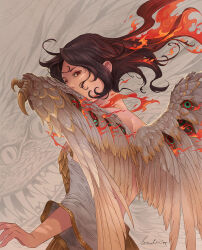 1girl ahoge aqua_eyes bare_back brown_hair clawed_wings claws colored_sclera commentary covering_own_mouth dated dress extra_eyes eyes_on_wings facing_away feathered_wings fiery_hair fire gold_scales gold_trim highres long_hair looking_at_viewer looking_back original red_eyes sandara scales sharp_teeth signature sketch_background solo teeth torn_clothes torn_sleeves upper_body white_dress white_wings wings