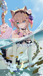 1girl absurdres ahoge ai_dongdong animal_ears bikini black_bikini black_hairband blue_eyes bracelet brown_hair can_(honkai_impact) cat cat_ears cat_girl cat_tail fang fish frilled_bikini frills green_eyes hairband heterochromia highres honkai_(series) honkai_impact_3rd jewelry official_alternate_costume pardofelis pardofelis_(midsummer_collector) partially_submerged short_hair_with_long_locks skin_fang stomach swimsuit tail