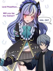 1boy 1girl ? ?? absurdres alternate_costume armband black_bow black_jacket black_shirt black_skirt blush bow bowtie cosplay dorahdew drill_hair english_text frilled_hairband frills giving green_bow green_bowtie grey_eyes grey_hair hairband highres horseshoe jacket long_hair long_sleeves mejiro_mcqueen_(umamusume) mejiro_mcqueen_(umamusume)_(cosplay) midriff miniskirt open_clothes open_jacket pink_eyes pleated_skirt pointy_ears purple_hair riding_crop shirt short_hair simple_background skirt speech_bubble sweatdrop umamusume very_long_hair vivian_banshee whip white_background white_hair white_streaks wise_(zenless_zone_zero) zenless_zone_zero