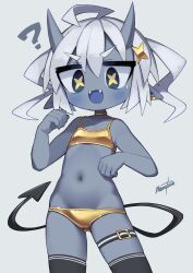 1girl bikini bra choker colored_skin demon_girl fangs flat_chest gold_bikini golden_week golden_week_bikini grey_background grey_skin hair_between_eyes highres medium_hair nanatsuta navel original panties shiny_swimsuit simple_background star-shaped_pupils star_(symbol) swimsuit symbol-shaped_pupils thick_eyebrows underwear white_hair