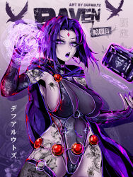 1girl absurdres areola_slip arm_tattoo artist_name bird black_choker black_gloves black_leotard book breast_tattoo breasts character_name choker cloak colored_skin colored_tongue covered_erect_nipples cowboy_shot crow dc_comics defaultz dragon_print dragon_tattoo elbow_gloves female_pubic_hair fingerless_gloves floating floating_book floating_object forehead_jewel gem gloves grey_skin highres hood hood_down hooded_cloak large_breasts leg_tattoo leotard long_eyelashes magic_circle o-ring open_mouth pubic_hair purple_cloak purple_eyes purple_gemstone purple_hair purple_nails purple_tongue raven_(dc) red_gemstone scorpion_print see-through_clothes see-through_leotard see-through_thighhighs short_hair single_thighhigh skull_print snake_print snake_tattoo solo spider_tattoo stomach_tattoo tattoo teen_titans thighhighs