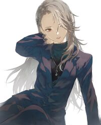 1girl black_shirt blazer breasts earrings fagi_(kakikaki) formal_clothes grey_hair hair_over_one_eye highres jacket jewelry long_hair long_sleeves looking_at_viewer necklace niijima_sae pants persona persona_5 red_eyes shirt smile solo suit
