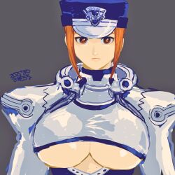 1girl artist_name breasts brown_eyes brown_hair clothing_cutout dated expressionless gouketsuji_ichizoku groove_on_fight highres large_breasts looking_at_viewer police police_uniform policewoman solis_r8000 solo underboob underboob_cutout